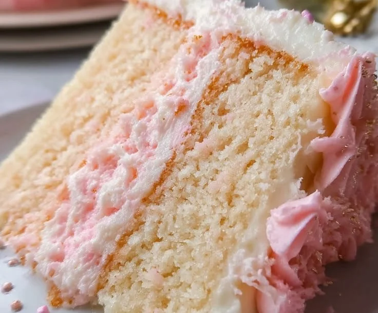 Delicious Pink Champagne Cake topped with creamy frosting and decorative sprinkles.