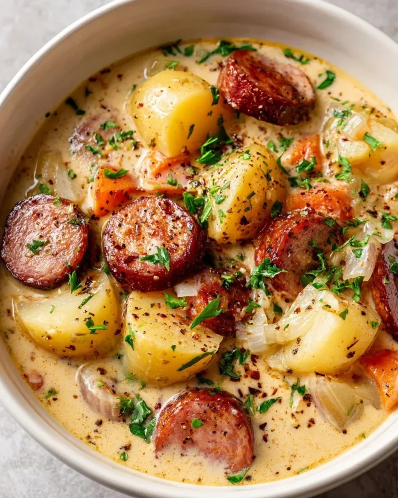 Bowl of Potato Kielbasa Soup garnished with herbs