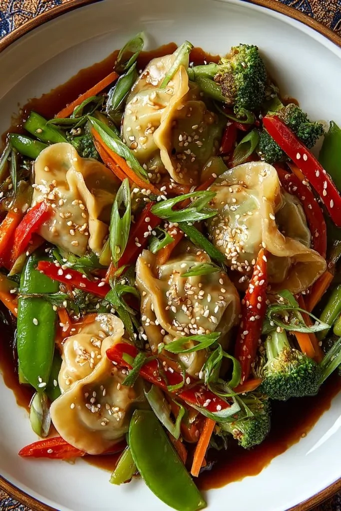 Delicious Potsticker Stir Fry with vegetables and sauce in a bowl