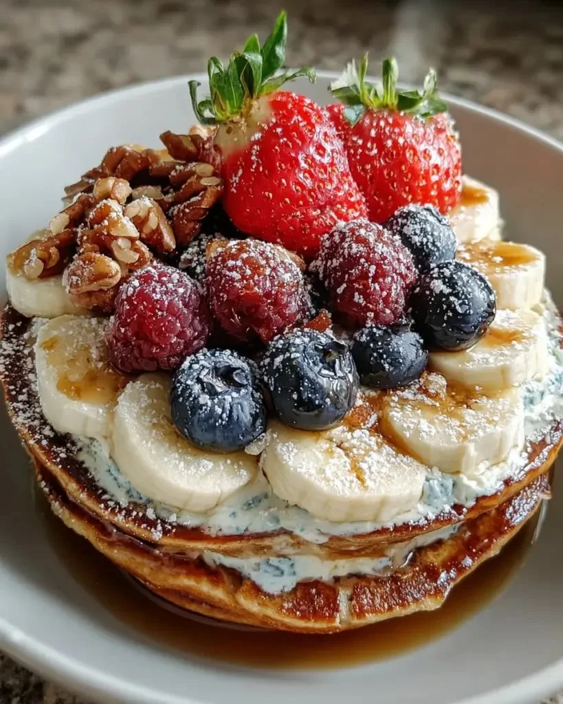 Delicious protein pancake bowl topped with fruits and nuts