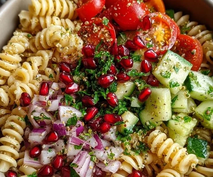 Quinoa Pasta Pomegranate Salad with fresh ingredients and vibrant colors