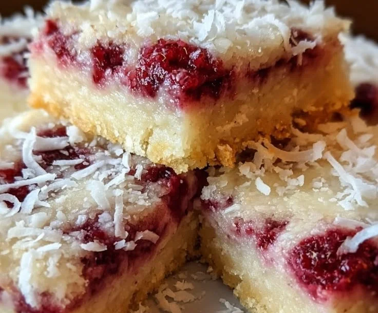 Raspberry Coconut Bars with Almond Crust on a wooden table