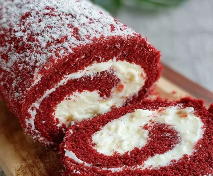 Delicious red velvet cake roll showcasing cream cheese frosting and vibrant color