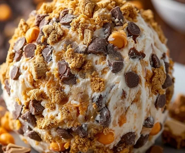 Reese's Cheese Ball Dessert topped with chocolate and peanut butter.