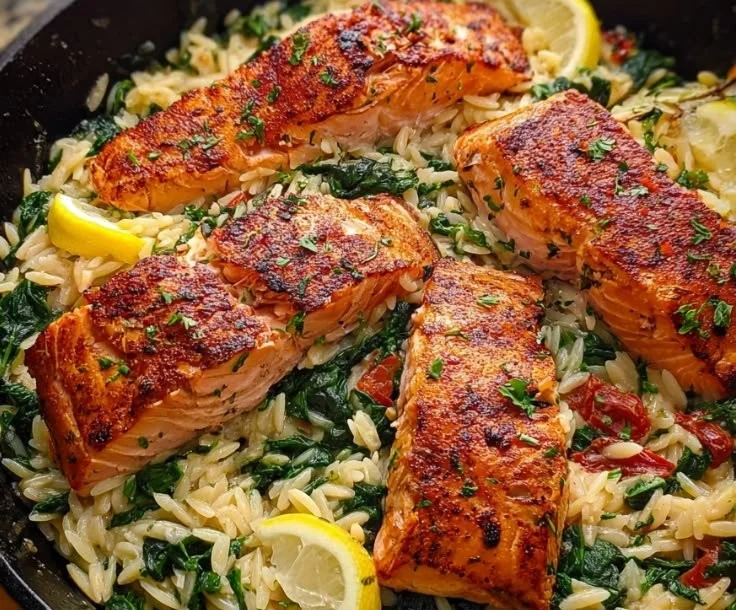 Plate of salmon orzo with fresh herbs and vegetables