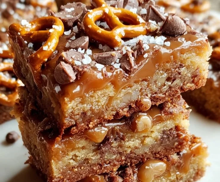 Delicious salted caramel pretzel blondies topped with drizzled caramel