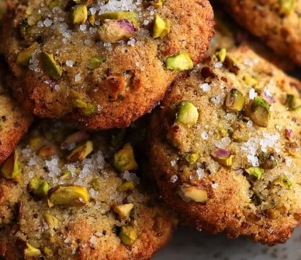 Delicious salted honey pistachio cookies on a baking tray.