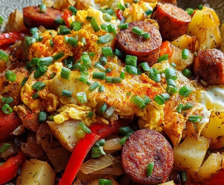 Sausage and Potato Breakfast Bowl topped with fresh herbs and spices