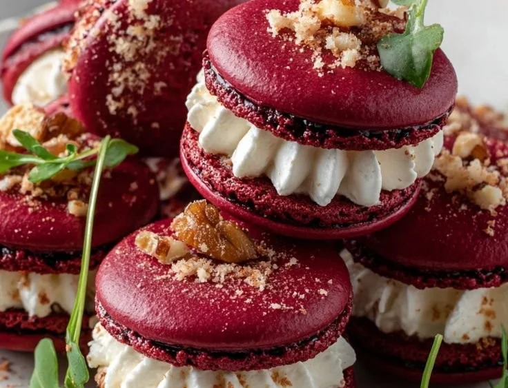 Savory beet macarons filled with creamy goat cheese for a unique gourmet treat.
