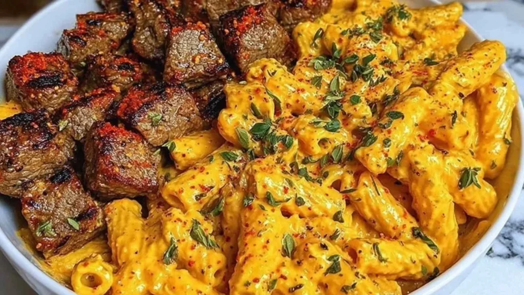 Savory Cajun Steak Tips served with Cheesy Penne Parmesan Sauce