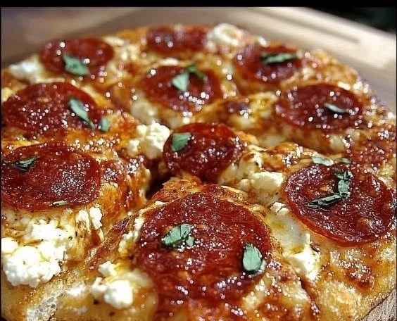 Delicious hot honey pepperoni pizza topped with spicy pepperoni and sweet honey drizzle.