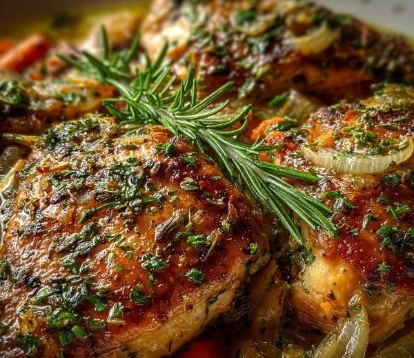 Savory herb-infused crockpot chicken being served in a bowl.