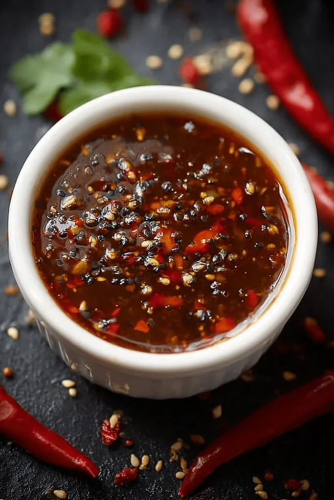 Scotch Bonnet-Soy Flame Sauce in a bottle with chili peppers and soy sauce background