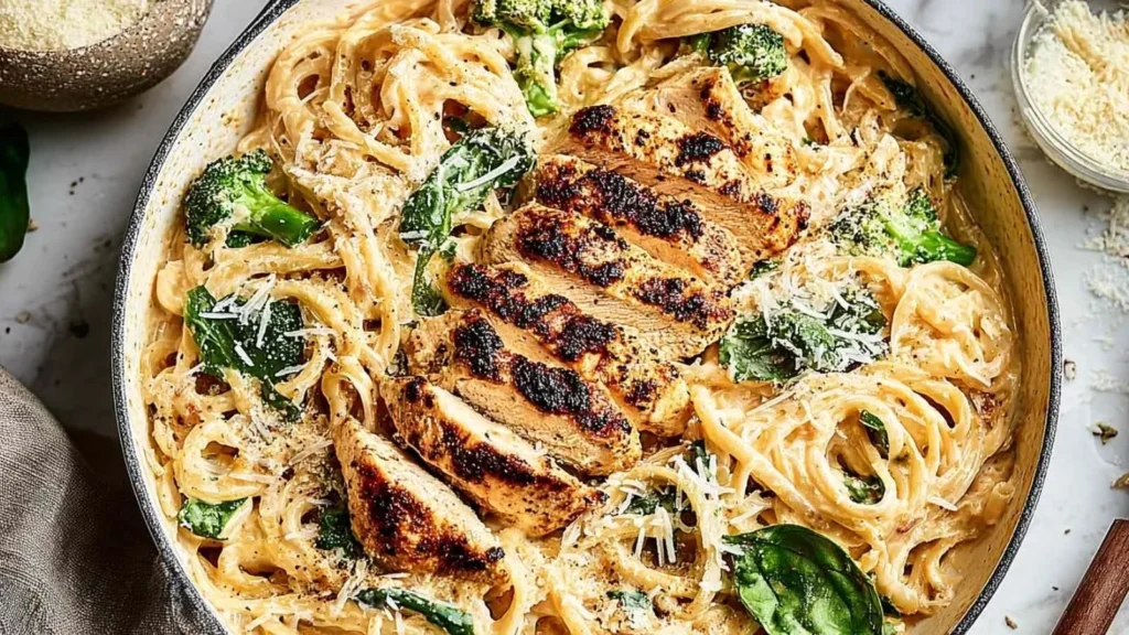 Healthy Skinny Chicken Broccoli Alfredo dish served with broccoli and chicken