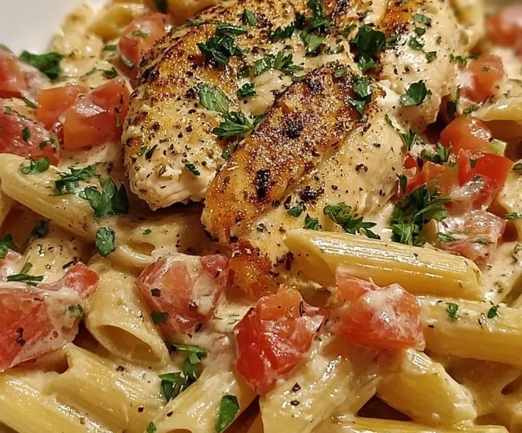 Slow Cooker Cheesy Chicken Penne served in a bowl with melted cheese on top