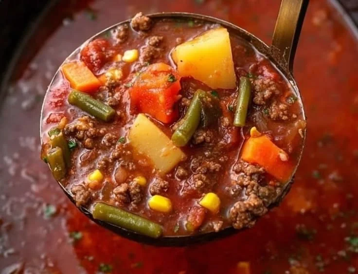 Bowl of slow cooker vegetable beef soup with fresh vegetables and tender beef