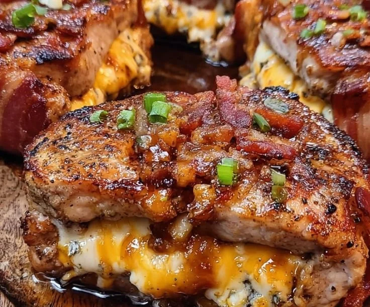 Smoked Bacon Triple-Cheese Stuffed Pork Chops on a plate