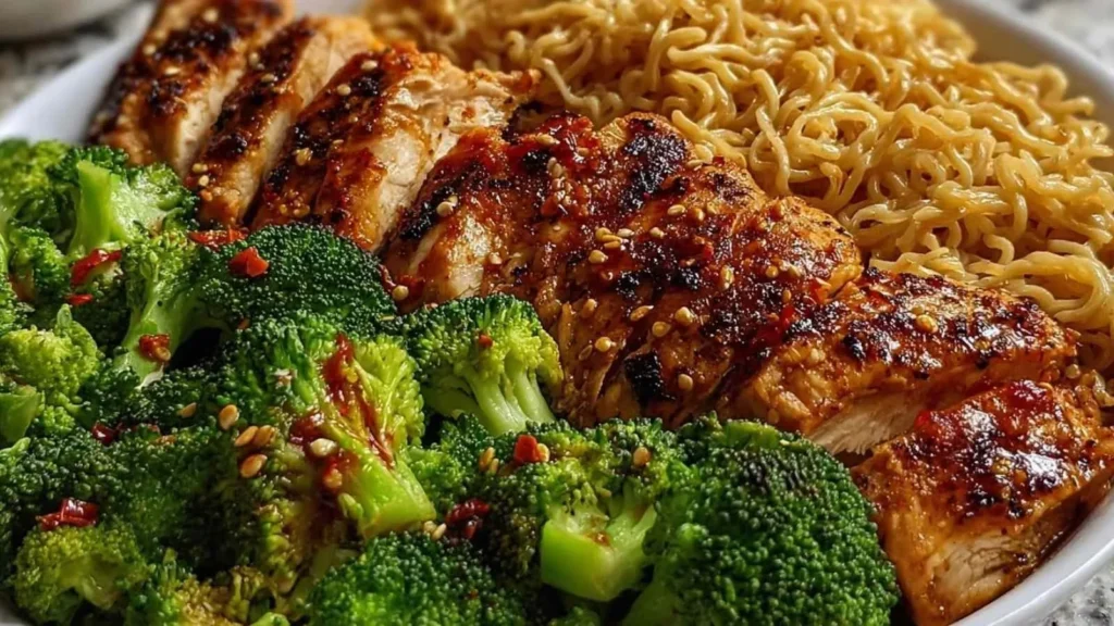 Delicious Spicy Garlic Chicken Broccoli Noodle Bowls topped with fresh ingredients