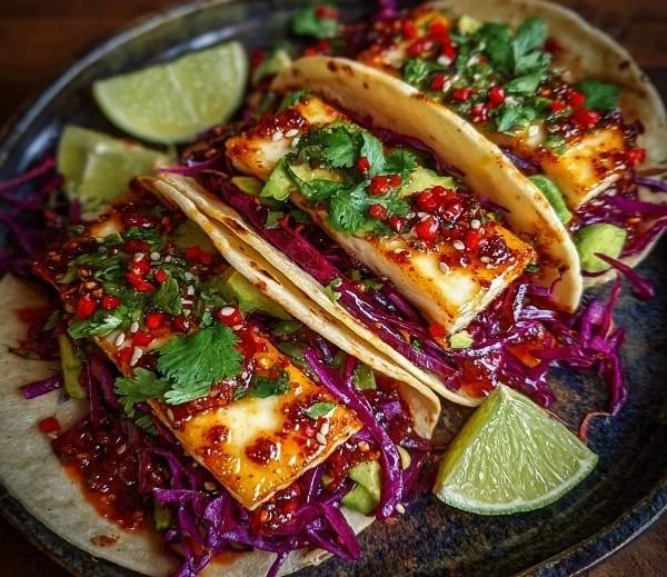 Delicious spicy honey halloumi tacos topped with fresh ingredients
