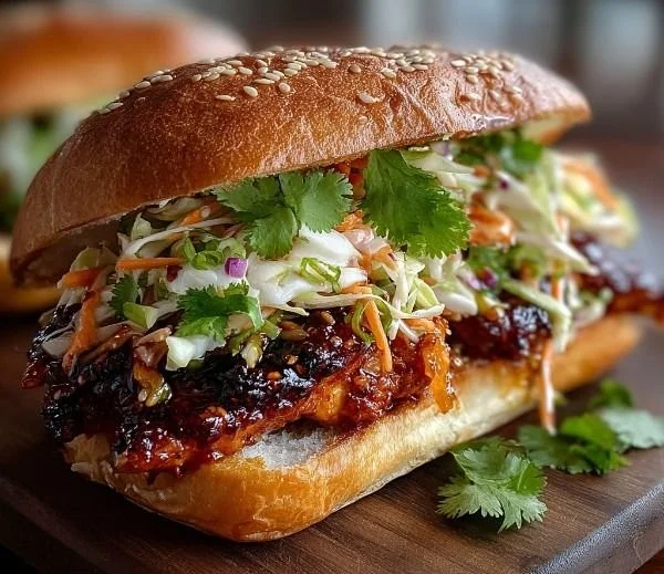 Spicy Korean BBQ Chicken Sandwich with Crispy Slaw on a plate