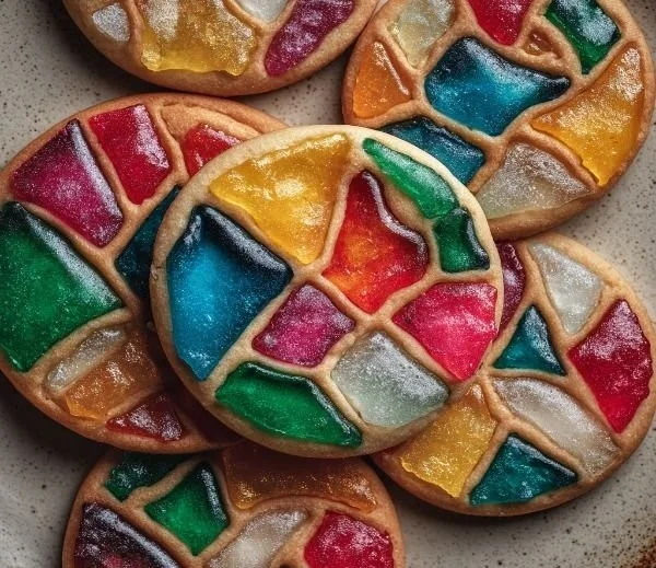Colorful stained glass cookies displayed beautifully on a plate