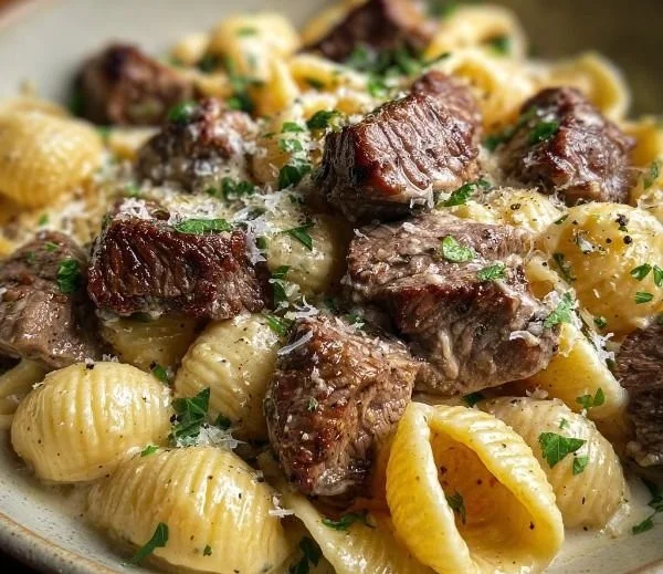 Steak bites with shell pasta in garlic butter Alfredo sauce
