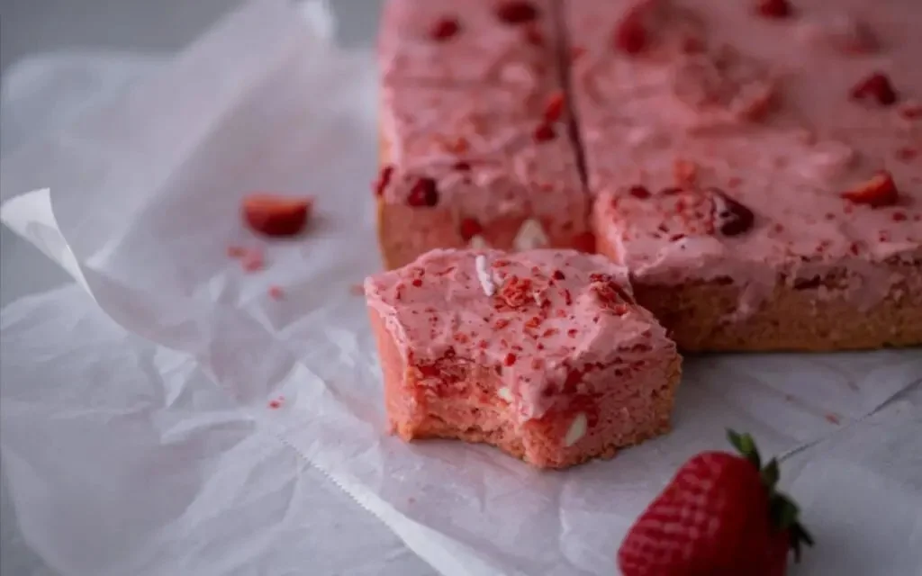 Delicious strawberry cake mix brownies topped with fresh strawberries