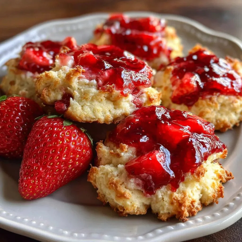 Delicious strawberry cheesecake cookies with homemade berry jam on a plate.