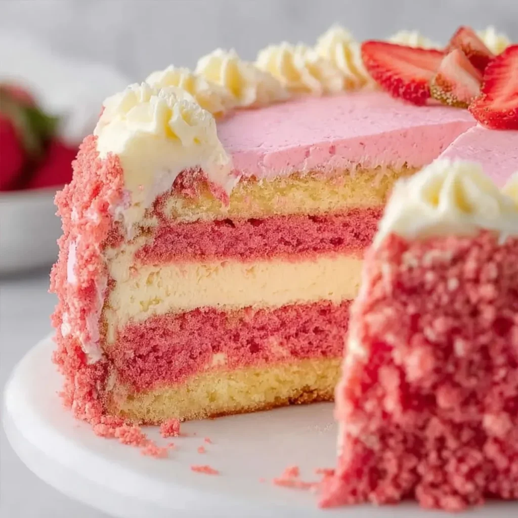 Slice of Strawberry Crunch Cake topped with fresh strawberries and crunchy crumble.