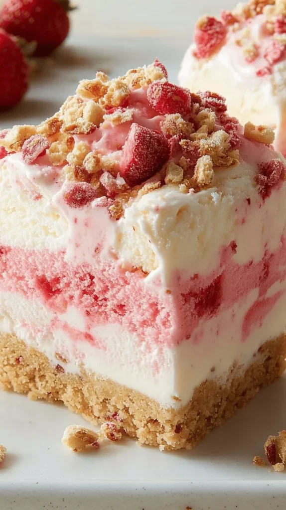Delicious strawberry crunch ice cream topped with strawberry bits and crunchy bits