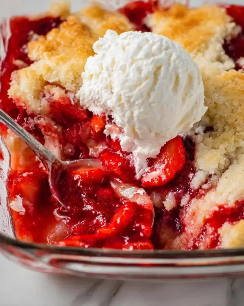 Delicious homemade strawberry dump cake served in a bowl