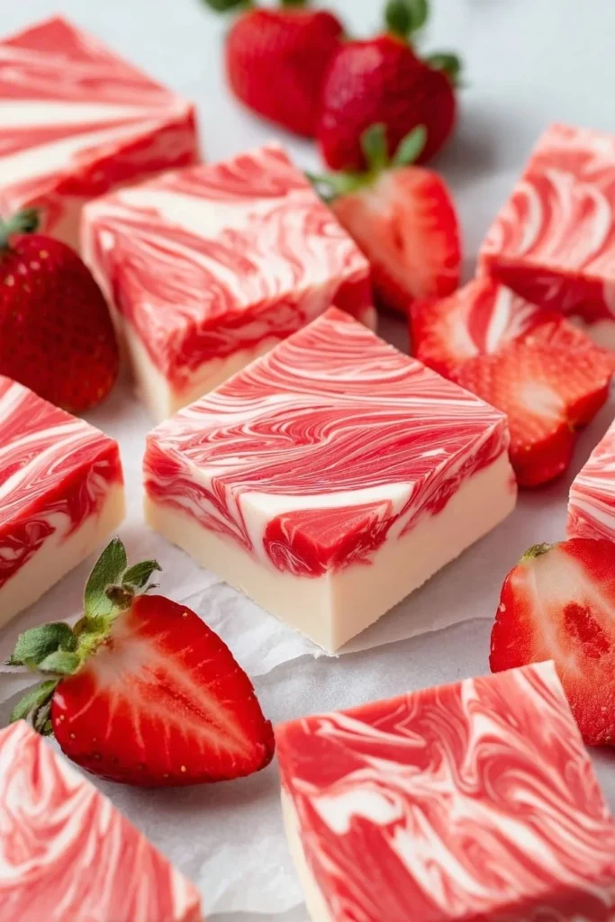 Homemade strawberry fudge in a square cut shape on a plate