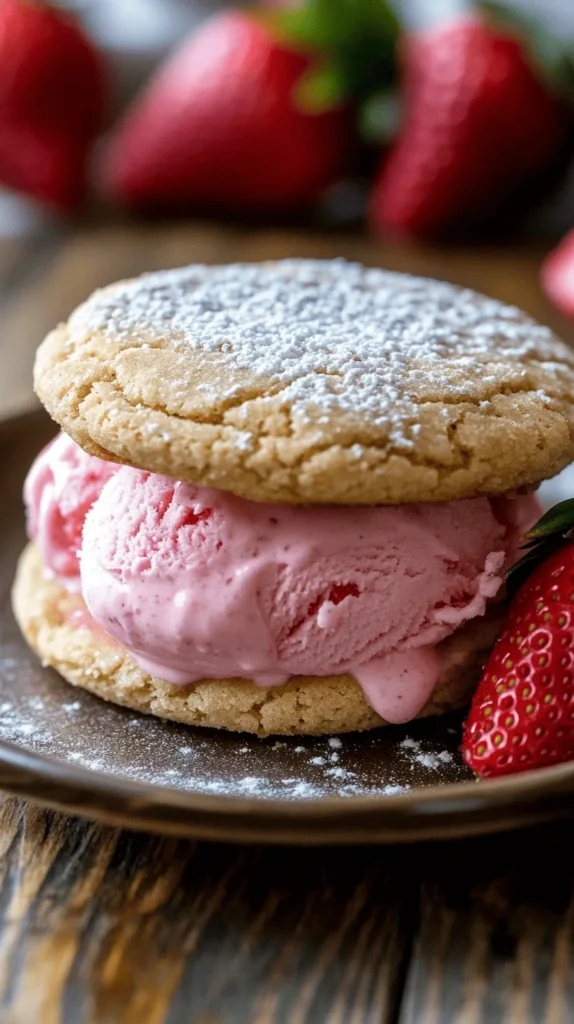 Delicious strawberry ice cream sandwich with fresh strawberries and waffles