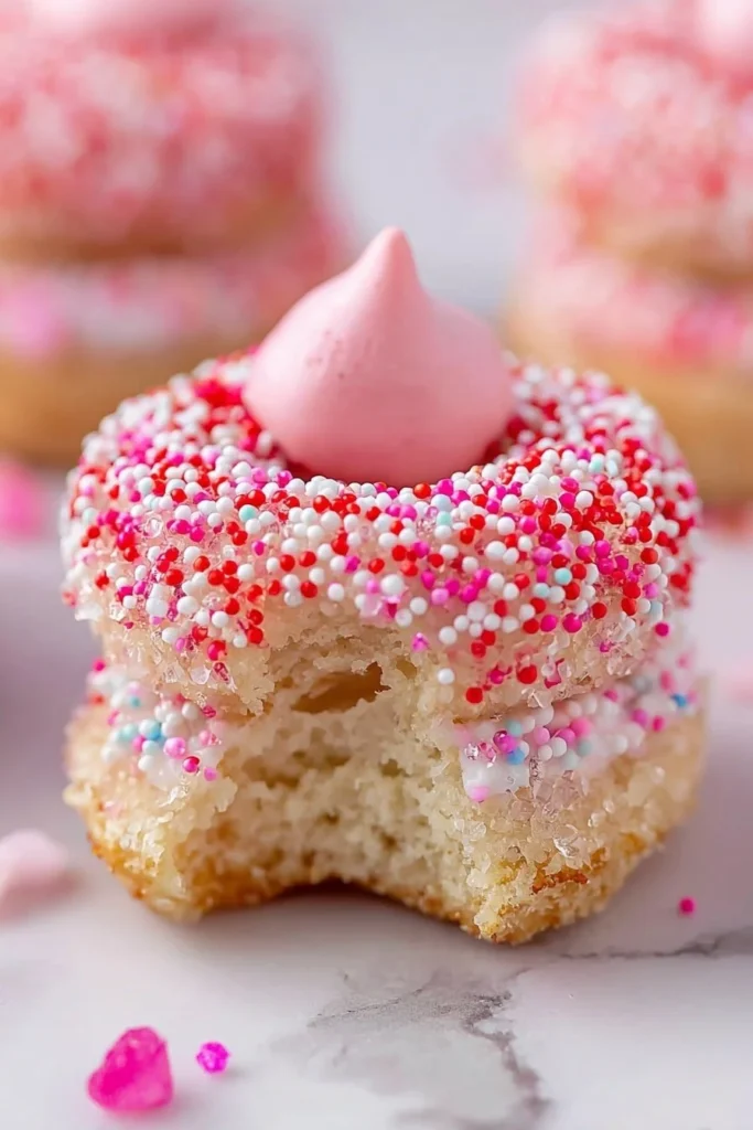 Strawberry Kiss Cookies decorated with Funfetti sprinkles on a plate.