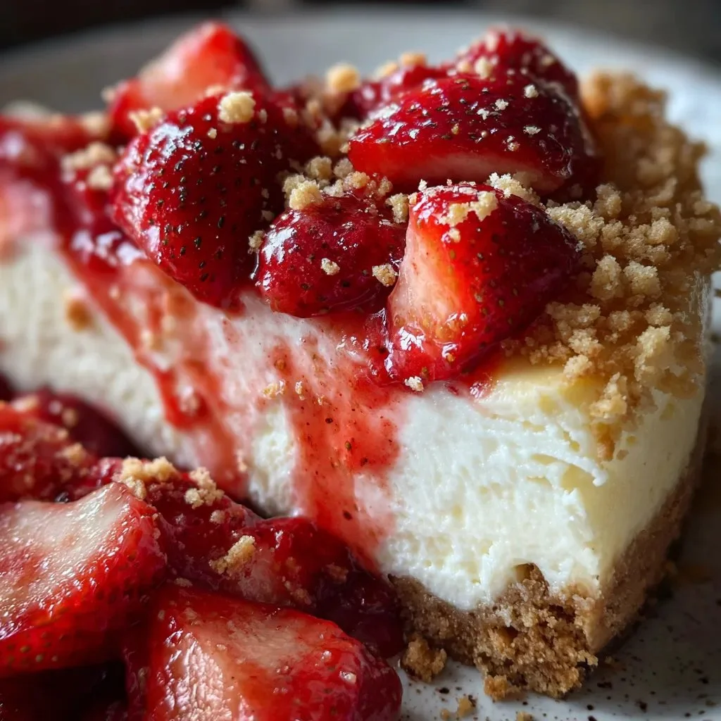 Delicious Strawberry Shortcake Cheesecake topped with fresh strawberries and whipped cream