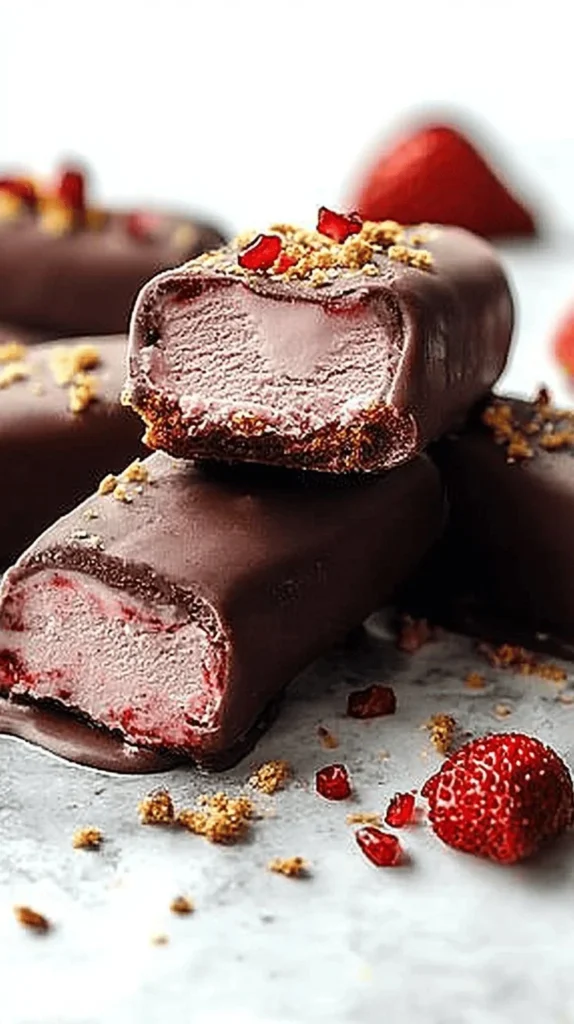 Strawberry shortcake ice cream bars with fresh strawberries and whipped cream.