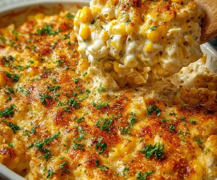 Delicious Street Corn Chicken Casserole topped with cheese and herbs