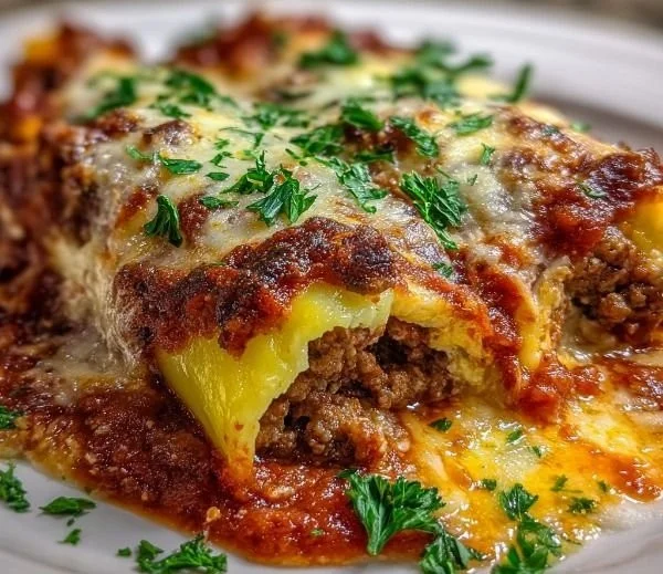 Plate of stuffed manicotti with rich meat sauce and cheese