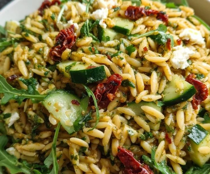 Sun dried tomato orzo pesto dish with vibrant colors and fresh ingredients