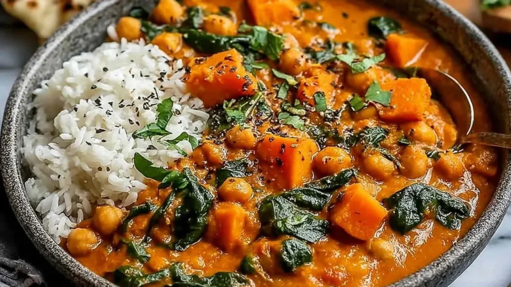 Delicious sweet potato and chickpea curry served in a bowl