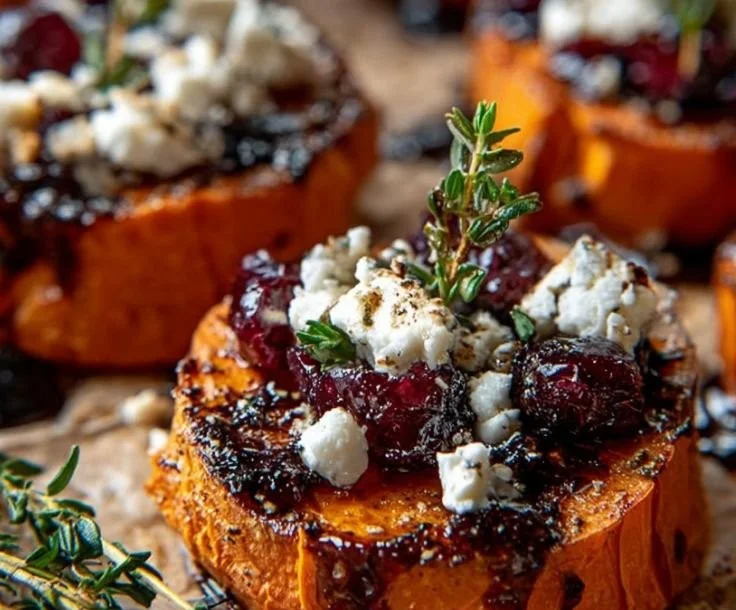 Sweet potato rounds topped with goat cheese and cranberry balsamic glaze
