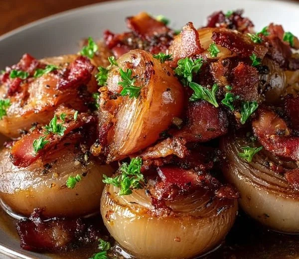 Plate of honey-glazed shallots with crispy bacon on a white dish