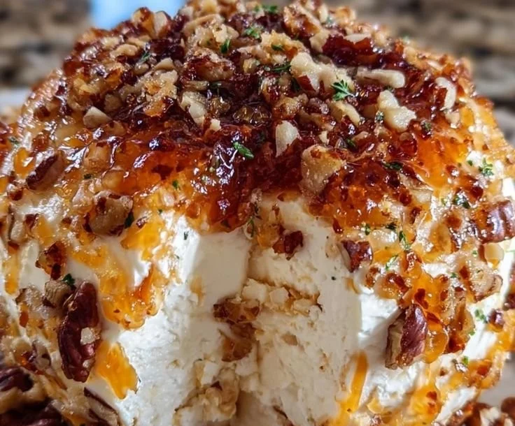 Sweet & Spicy Pepper Jelly Cheese Ball served on a platter