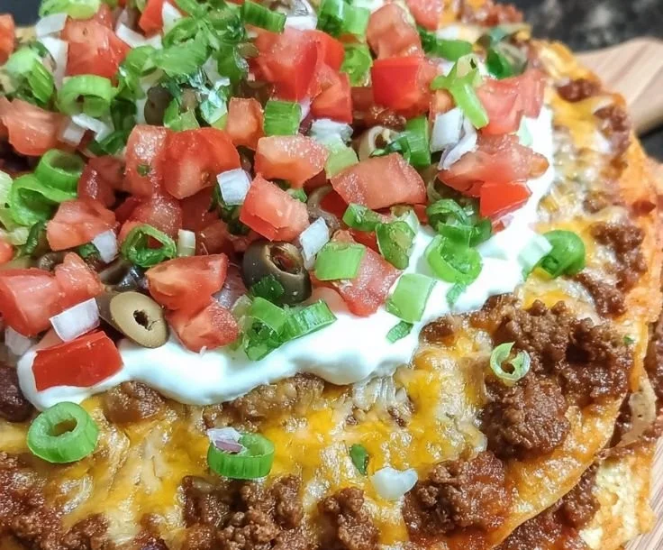 Taco Bell Mexican Pizza topped with cheese, beans, and flavorful sauces