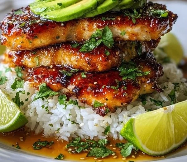 Delicious honey lime chicken stack garnished with fresh herbs