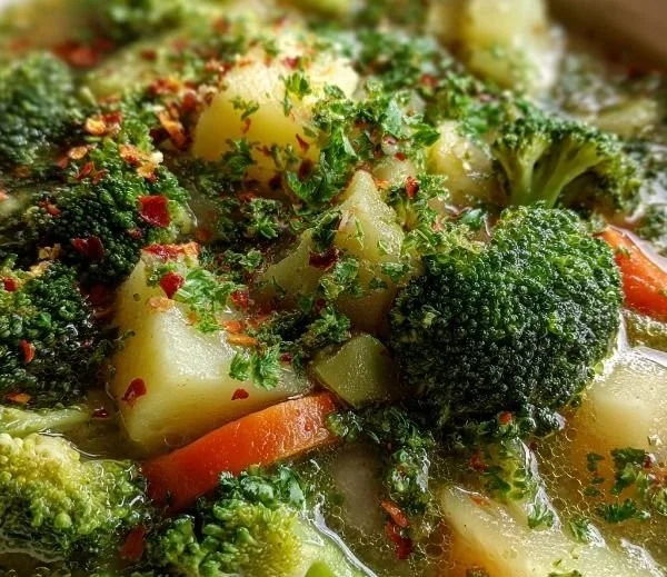 Bowl of traditional Italian broccoli soup garnished with fresh herbs.