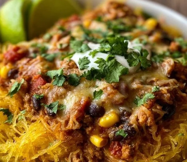 Turkey Enchilada stuffed spaghetti squash ready to serve