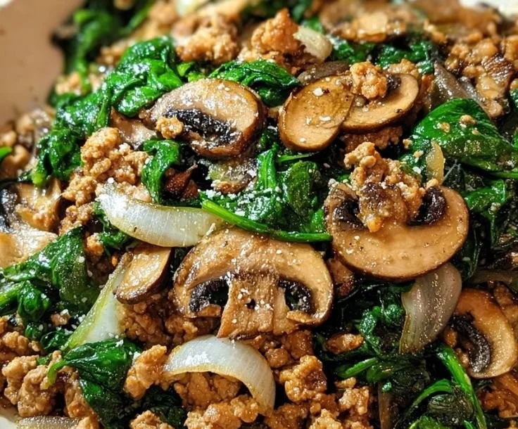 Turkey Spinach Mushroom Skillet served in a pan with fresh herbs and spices