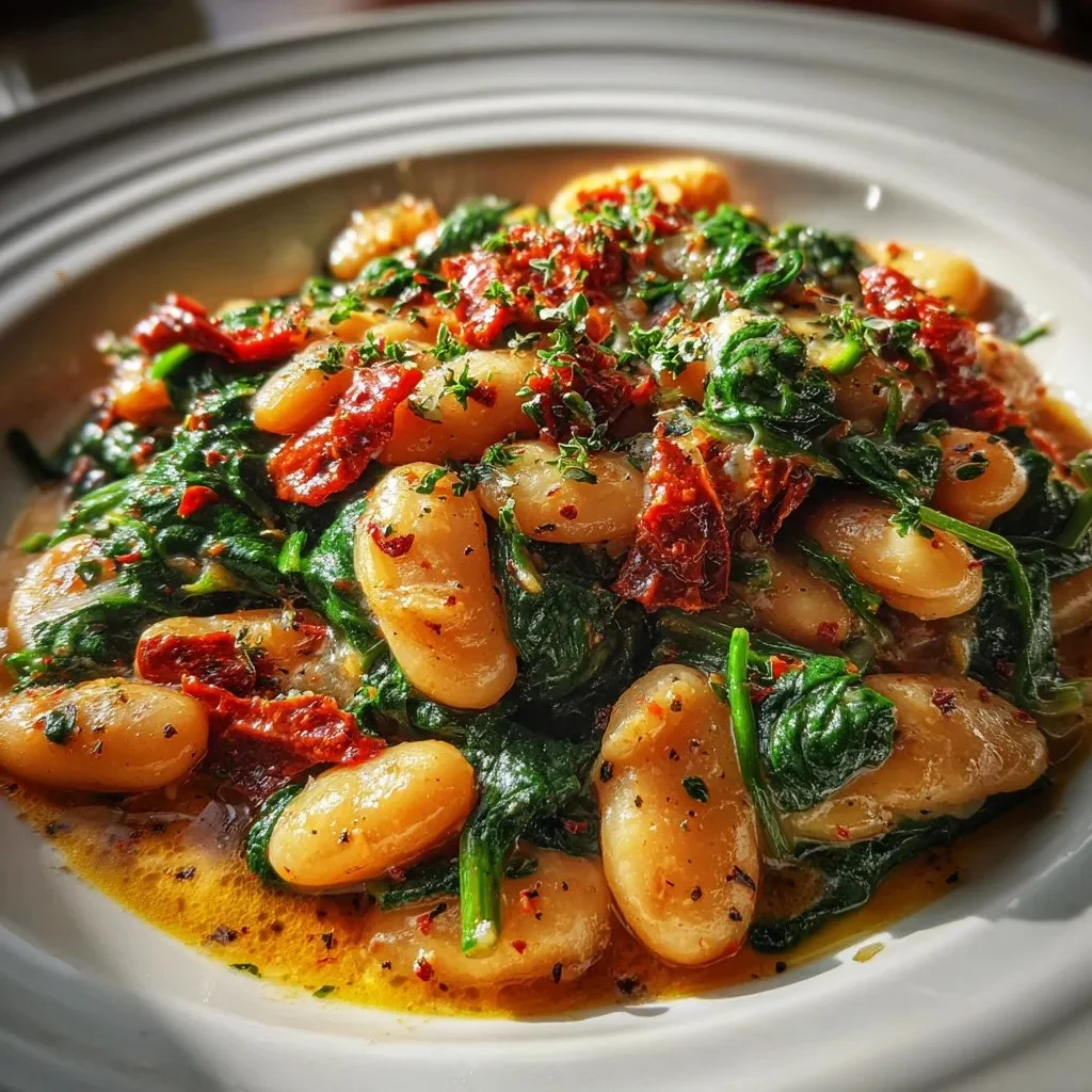 Plate of Tuscan Butter Beans with spinach and sun-dried tomatoes