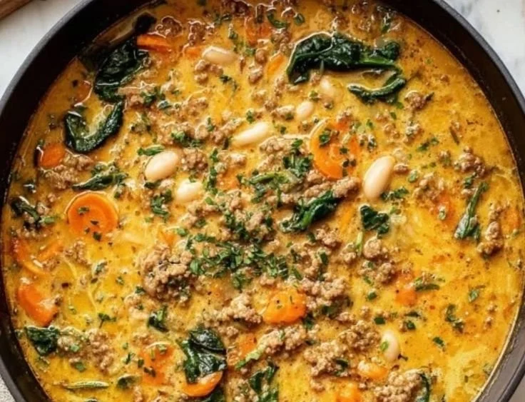 Delicious bowl of Tuscan white bean soup with sausage and fresh herbs